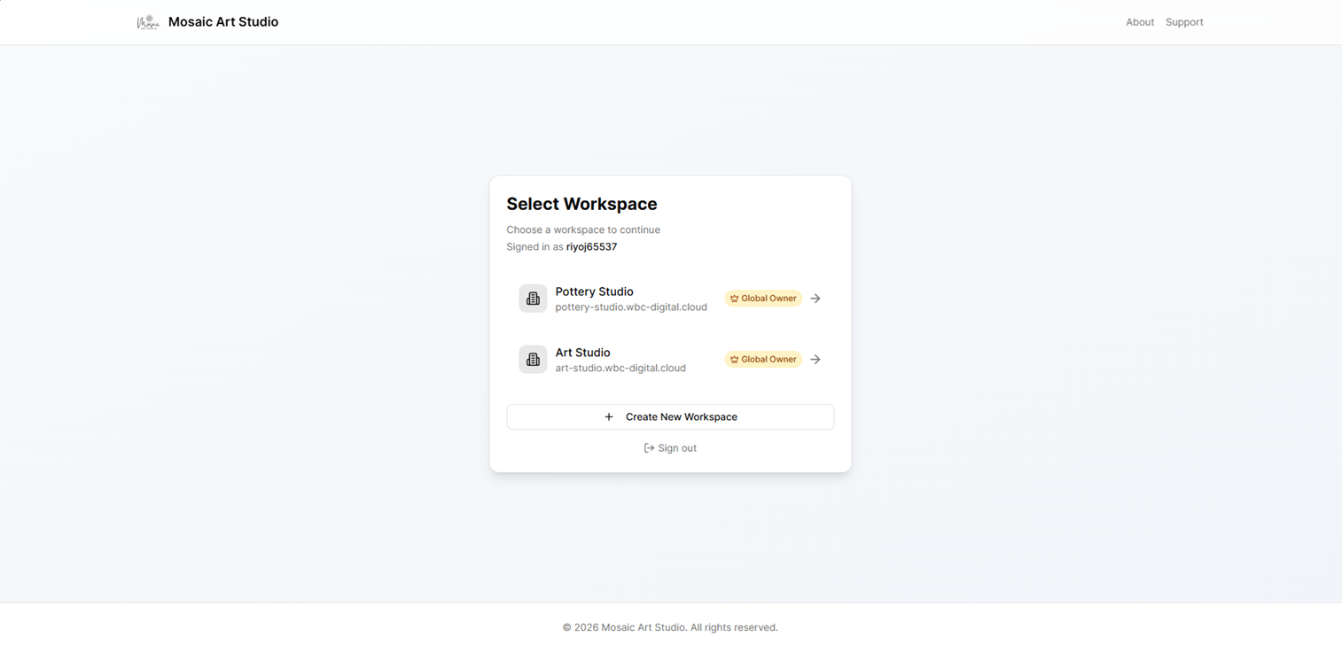 Workspace selection page showing available organizations